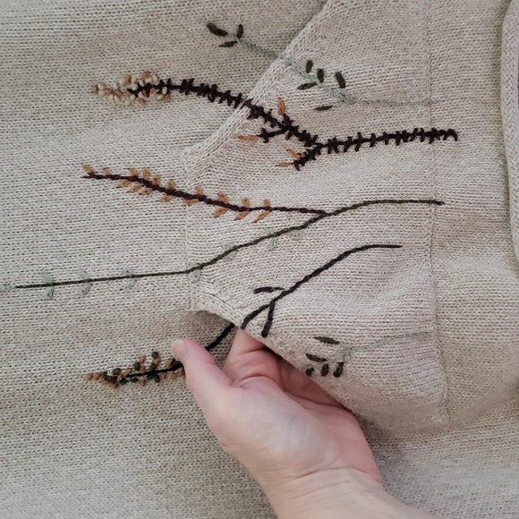 Alps Vintage Embroidered Sweater Women Large Cream Tan Cotton Floral Cottagecore - Picture 3 of 11